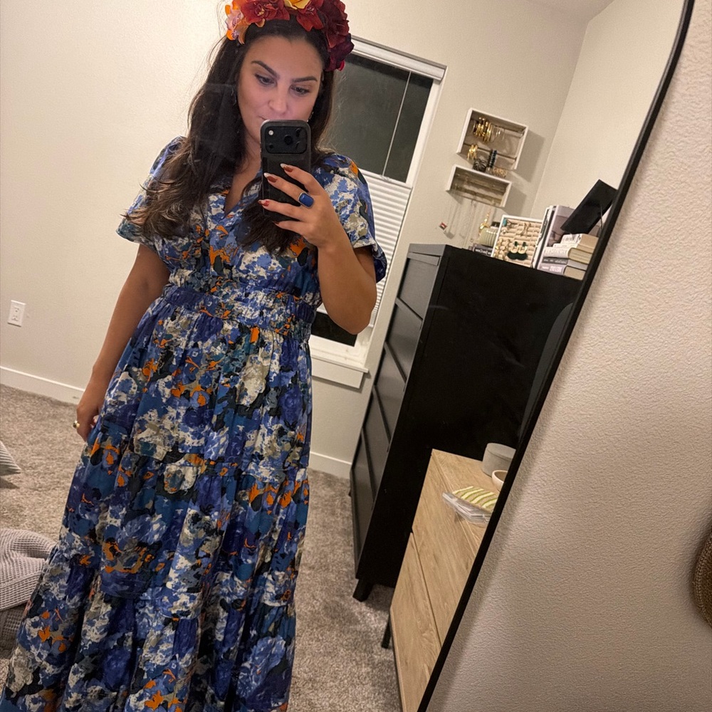 Anthropologie Blue and Orange Floral Midi Dress - Picture 3 of 3